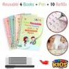 New Educational 4 in 1 Imported High Quality Sank Montessori Reusable Magic Book For Kids - 4 Different Magic Books - 1 Magic Pen - 10 Refills - 1 Grip Set Toy For Children's Calligraphy Copybook Magic Writing Calligraphy Handwriting Copybook Set